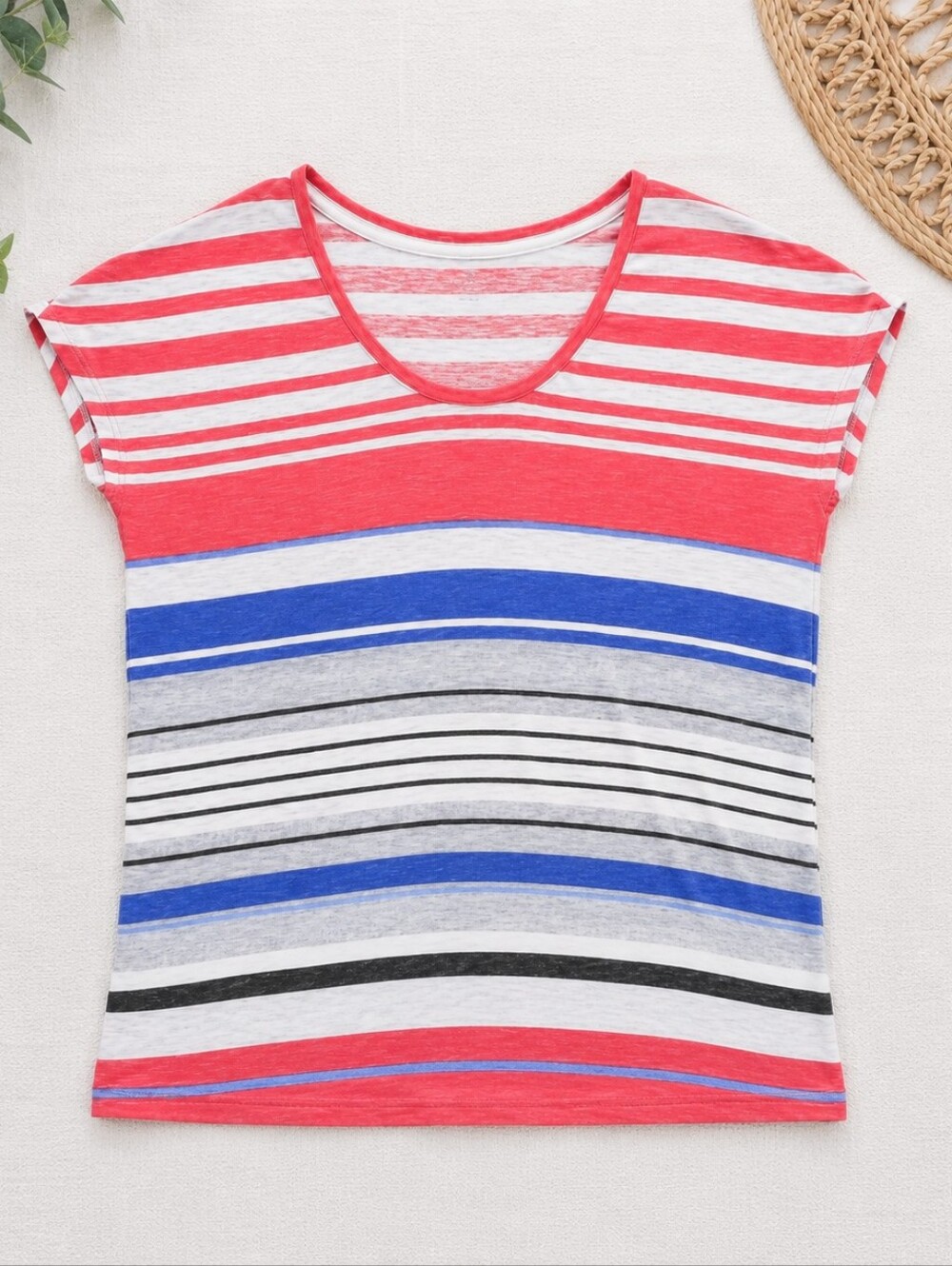 Athleta Striped Scoop Neck Tee XS Coral Blue Gray Athleisure Lightweight Top